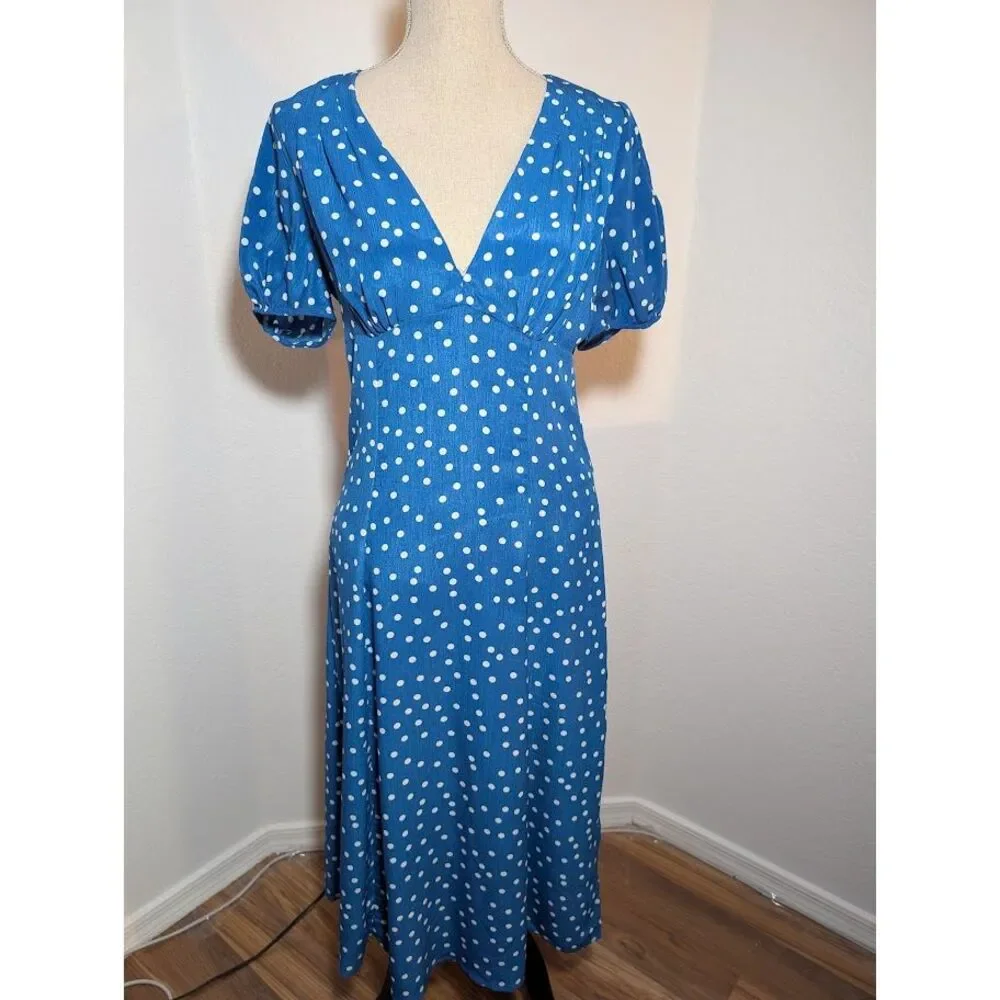 Gilli Women's Midi Polka Dot Puff Sleeve Blue/White‎ Dress Size M